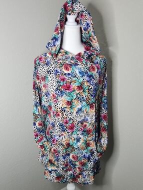 NWT LuLaRoe Floral & Leopard Print Hooded Top in Teal, Pink, Blue Large